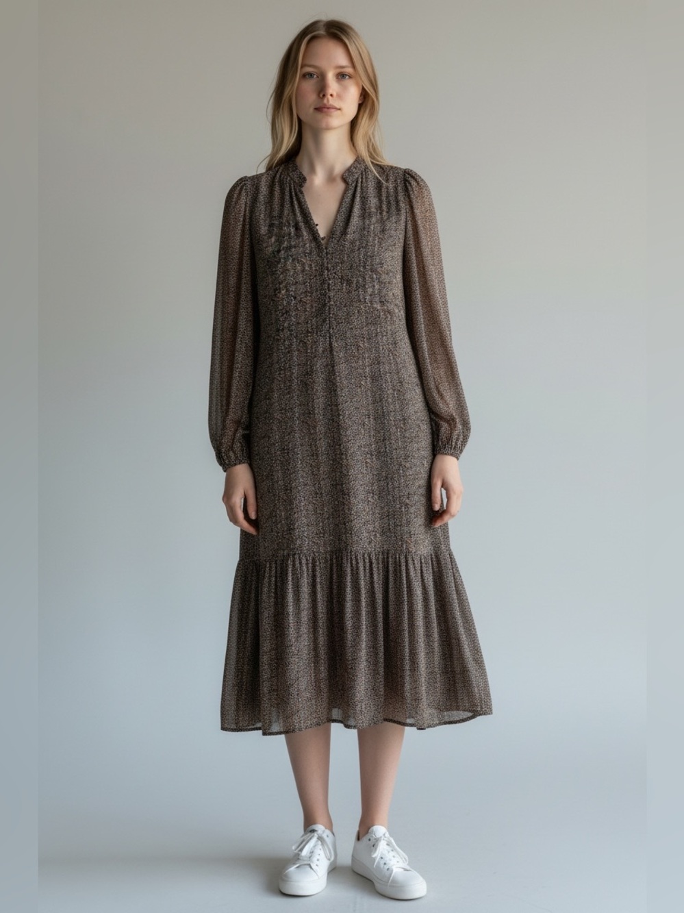 Zara brown floral midi dress with ruffle hem, size L